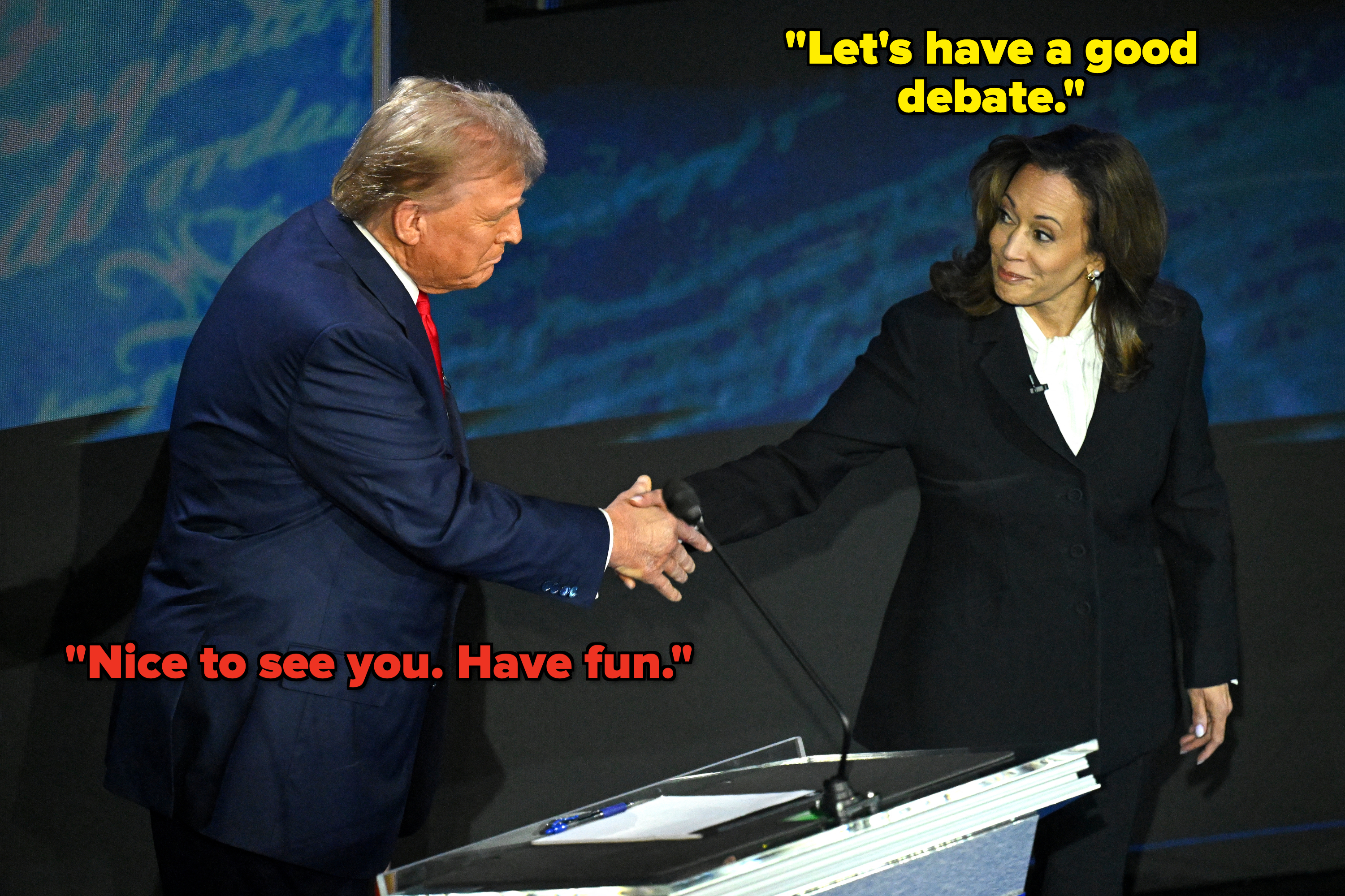 Donald Trump and Kamala Harris shake hands on stage at an event, both in formal attire
