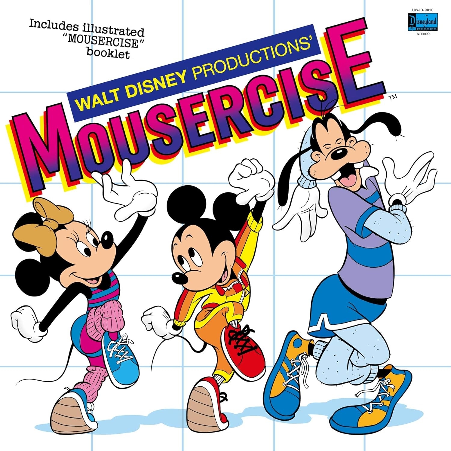 Minnie Mouse, Mickey Mouse, and Goofy doing aerobics on the cover of Walt Disney Productions' "Mousercise" booklet. Includes illustrated booklet