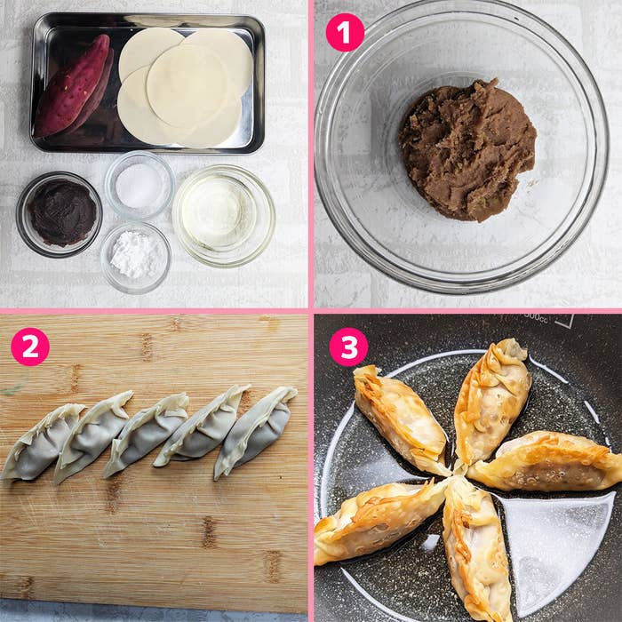 さつまいも、餃子の皮、あんこなどの材料と、餃子を作るステップ1から3の手順が写っています。