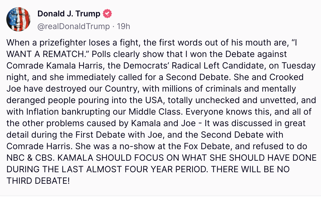 Image showing a social media post by Donald J. Trump. The text criticizes Kamala Harris and Joe Biden on issues tied to their debates and performance