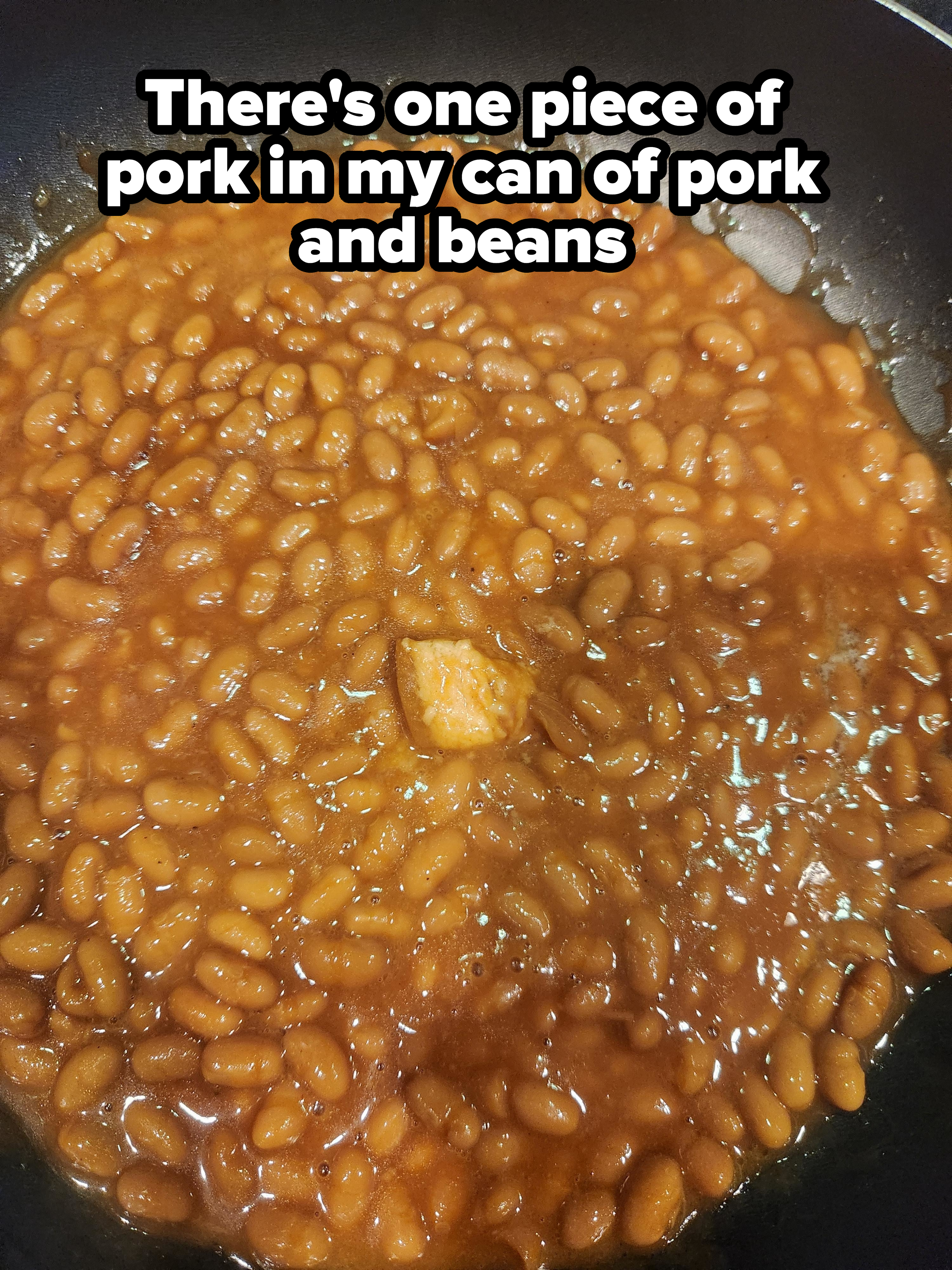 A pan filled with baked beans in thick sauce and a single nugget of what appears to be meat