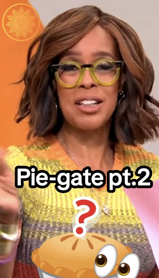 Gayle King discussing "Pie-gate pt. 2" on set. There is an emoji of a pie with wide eyes