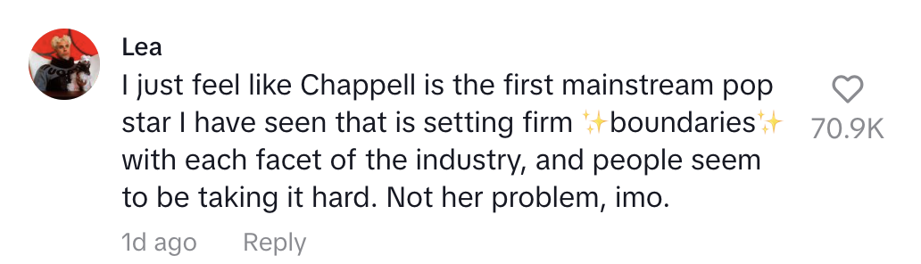 Lea comments that they admire Chappell for setting firm boundaries in the pop industry, noting people are reacting negatively, but stating it's not her problem