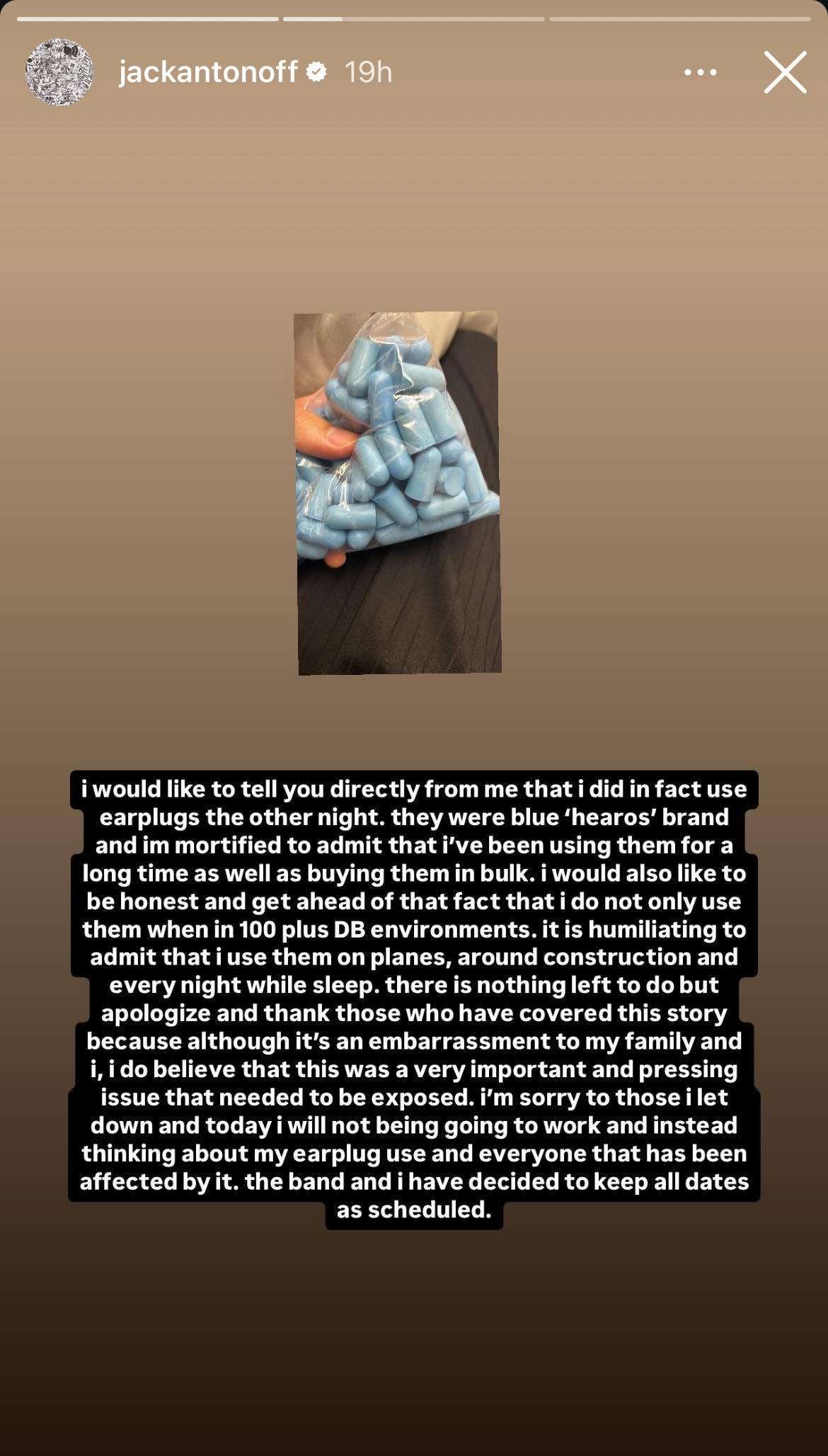 Jack Antonoff apologizes for using earplugs during a performance, jokingly admitting it goes against his beliefs. He assures fans he will continue with scheduled dates