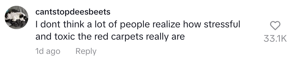 Comment by cantstopdeesbeets: &quot;I don't think a lot of people realize how stressful and toxic the red carpets really are&quot;