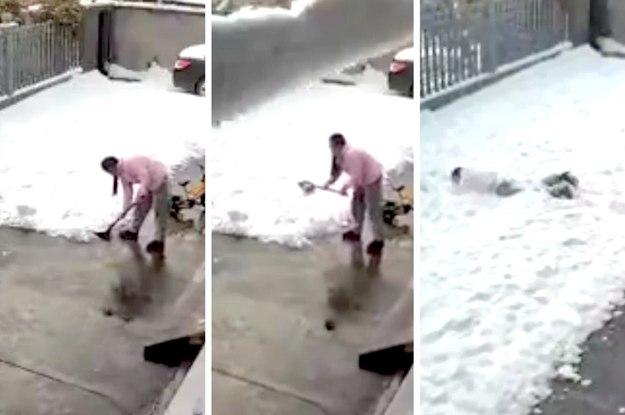 Three-panel image of a person shoveling snow in the first two panels and then covered in snow from a roof in the third