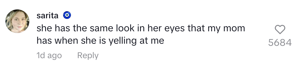 Sarita's comment reads: &quot;she has the same look in her eyes that my mom has when she is yelling at me&quot;