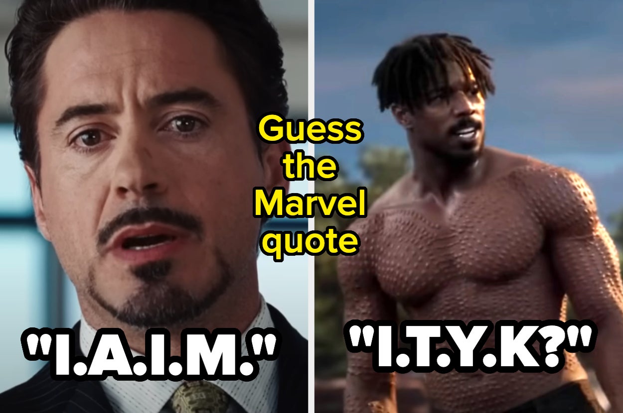 Tony Stark on the left and Erik Killmonger on the right with the text "Guess the Marvel quote" in between