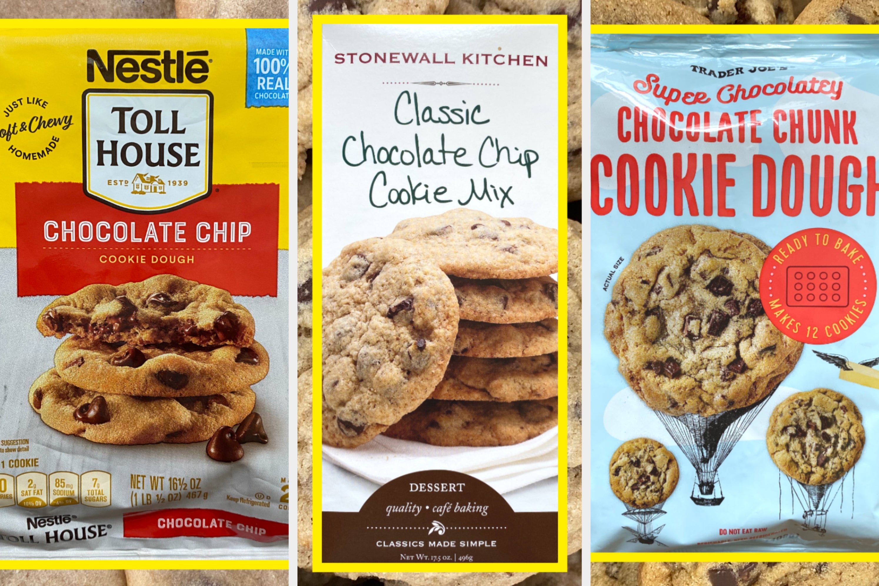 Nestlé Toll House, Stonewall Kitchen, and Trader Joe's chocolate chip cookie dough packages shown, each featuring images of baked cookies