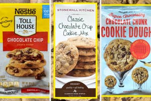Nestlé Toll House, Stonewall Kitchen, and Trader Joe's chocolate chip cookie dough packages shown, each featuring images of baked cookies
