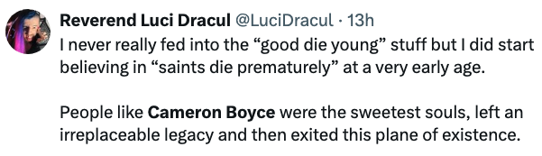 Tweet by Reverend Luci Dracul memorializing Cameron Boyce, praising his kind nature and saying he left an irreplaceable legacy