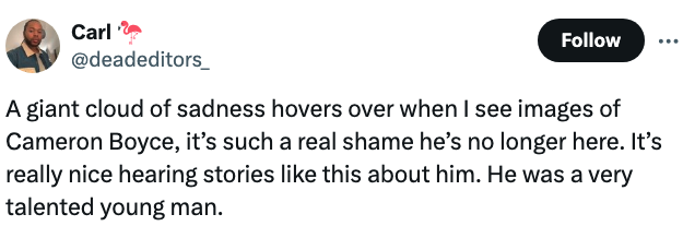 Tweet by Carl (@deadedtiors_) expressing sadness over Cameron Boyce's passing, praising Boyce's talent and the positive stories about him