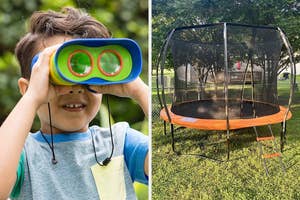 A child looks through colorful binoculars on the left; a trampoline with safety netting is shown in a backyard on the right