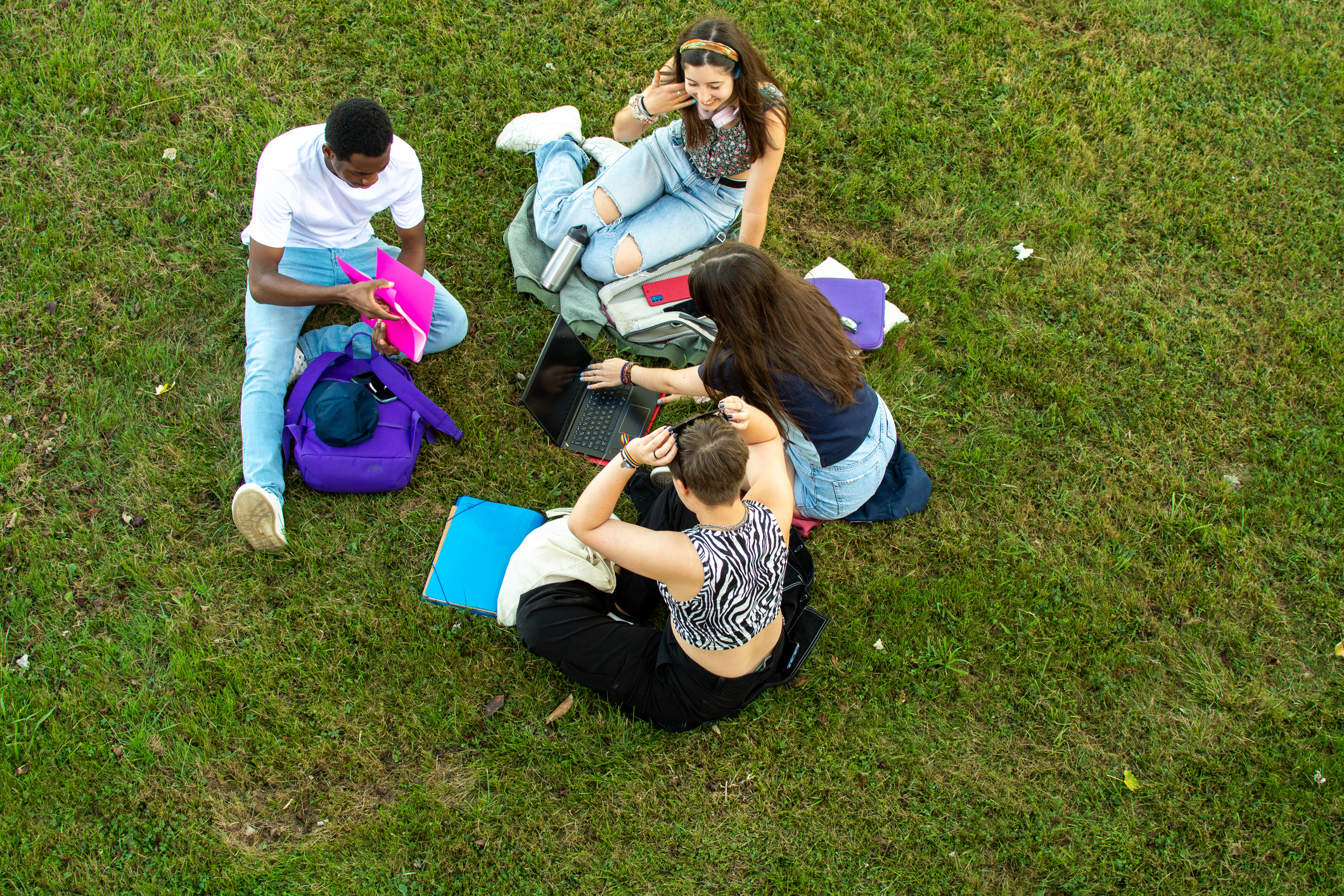 Four people sit on the grass, talking and working on a shared laptop. They have papers and notebooks around them