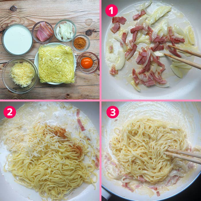 3ステップで作るカルボナーラのレシピ：1.玉ねぎとベーコンを炒める。2.麺、チーズ、卵のソースを加える。3.すべてを混ぜ合わせる。