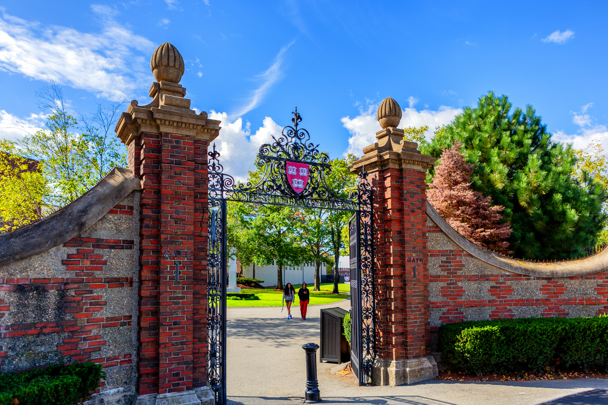 Gated entrance of Harvard University with two people walking in the distance, ornate iron gate adorned with the university crest on top