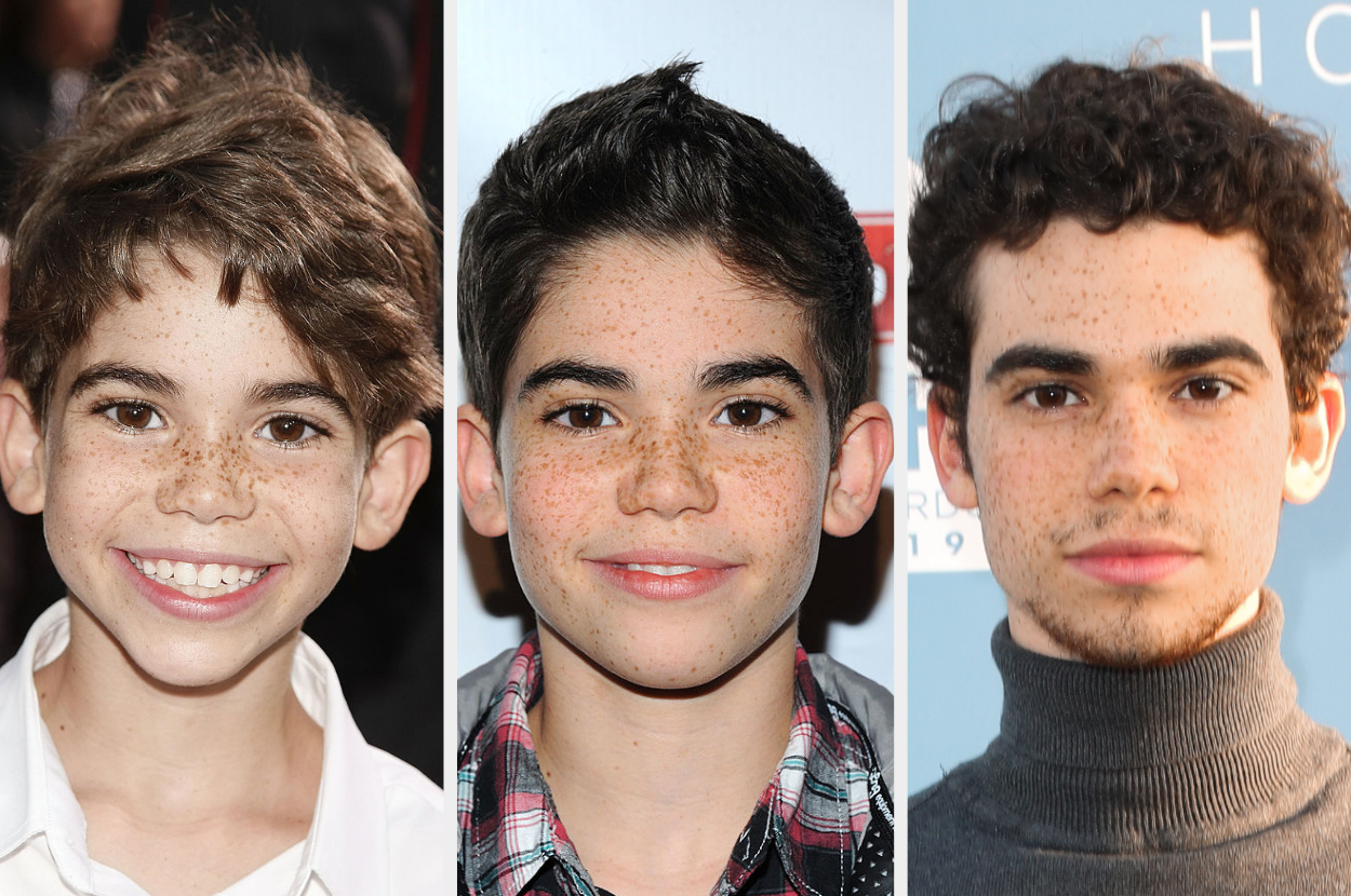 Three side-by-side images showing the aging progression of Cameron Boyce from child to young adult