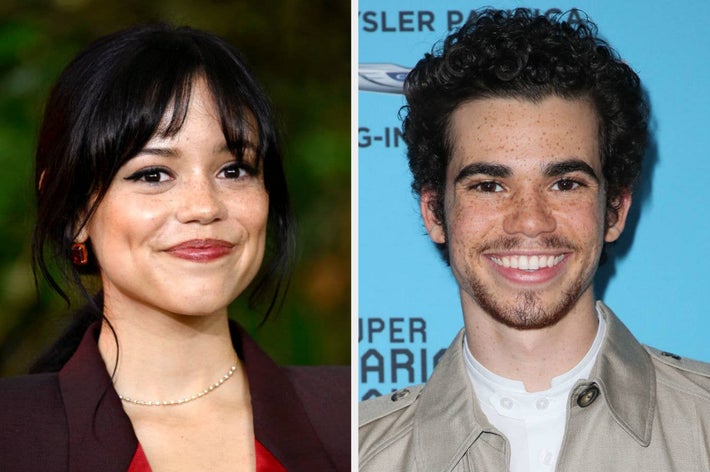 Jenna Ortega and Cameron Boyce smiling at separate events. Jenna wears a blazer and a necklace, while Cameron is in a casual jacket with a background featuring text