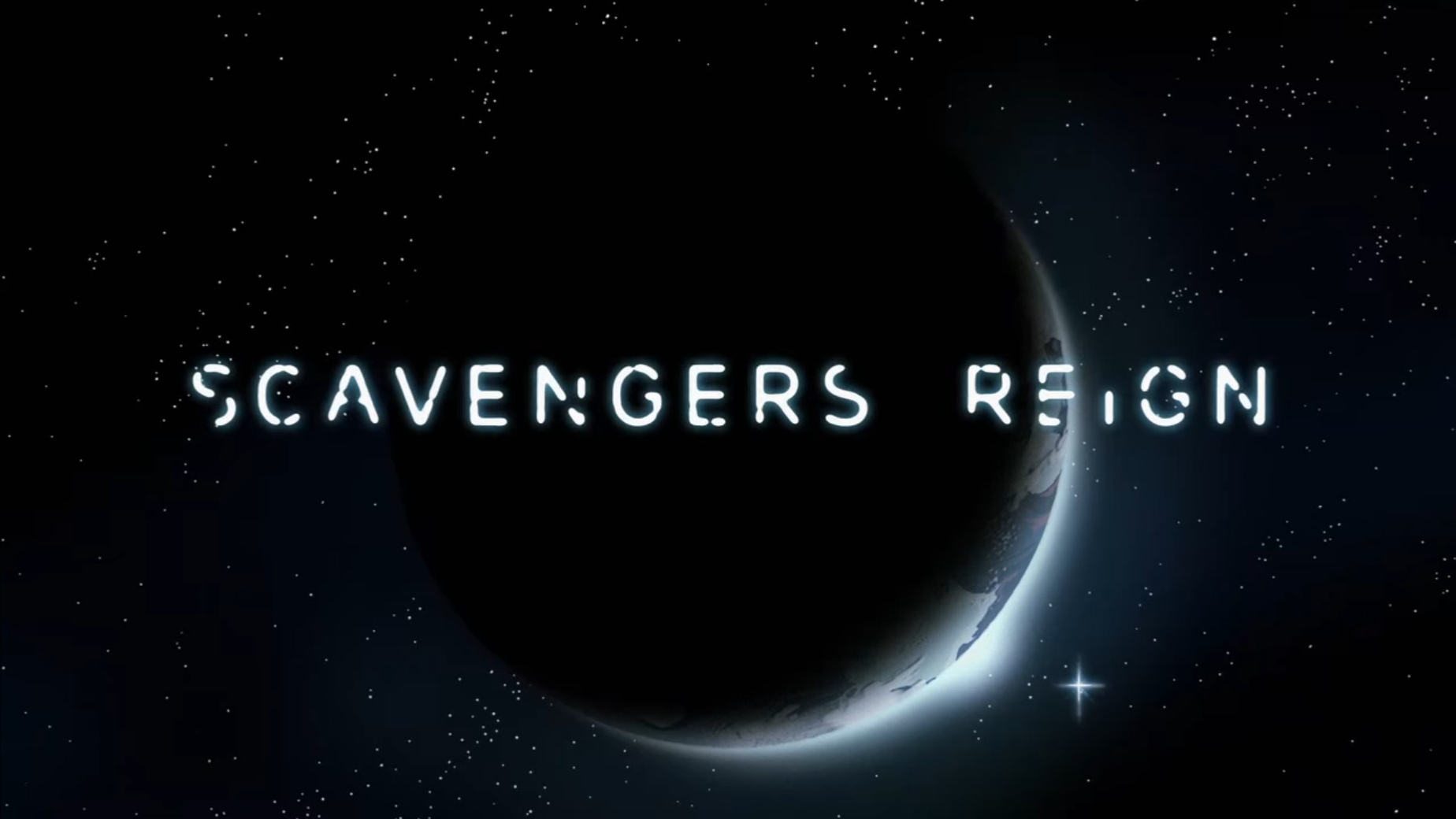 Title image of "Scavengers Reign" with a partially eclipsed celestial body and twinkling stars in the background