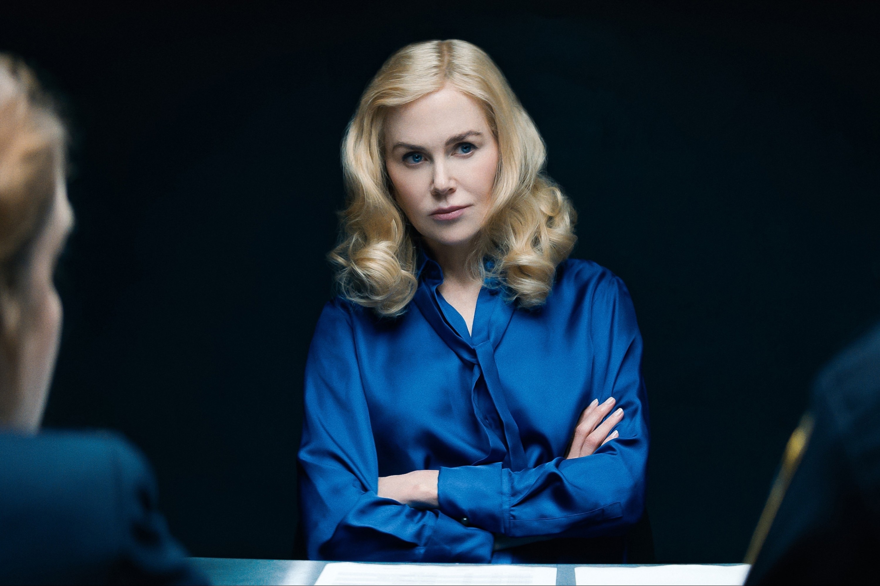 Nicole Kidman in a blue top in "The Perfect Couple"