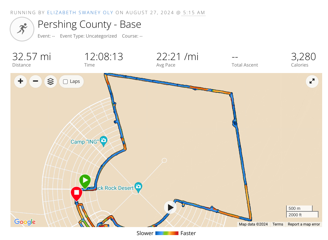 A map showing a 32.57-mile running route titled "Pershing County - Base" by Elizabeth Swaney Oly.