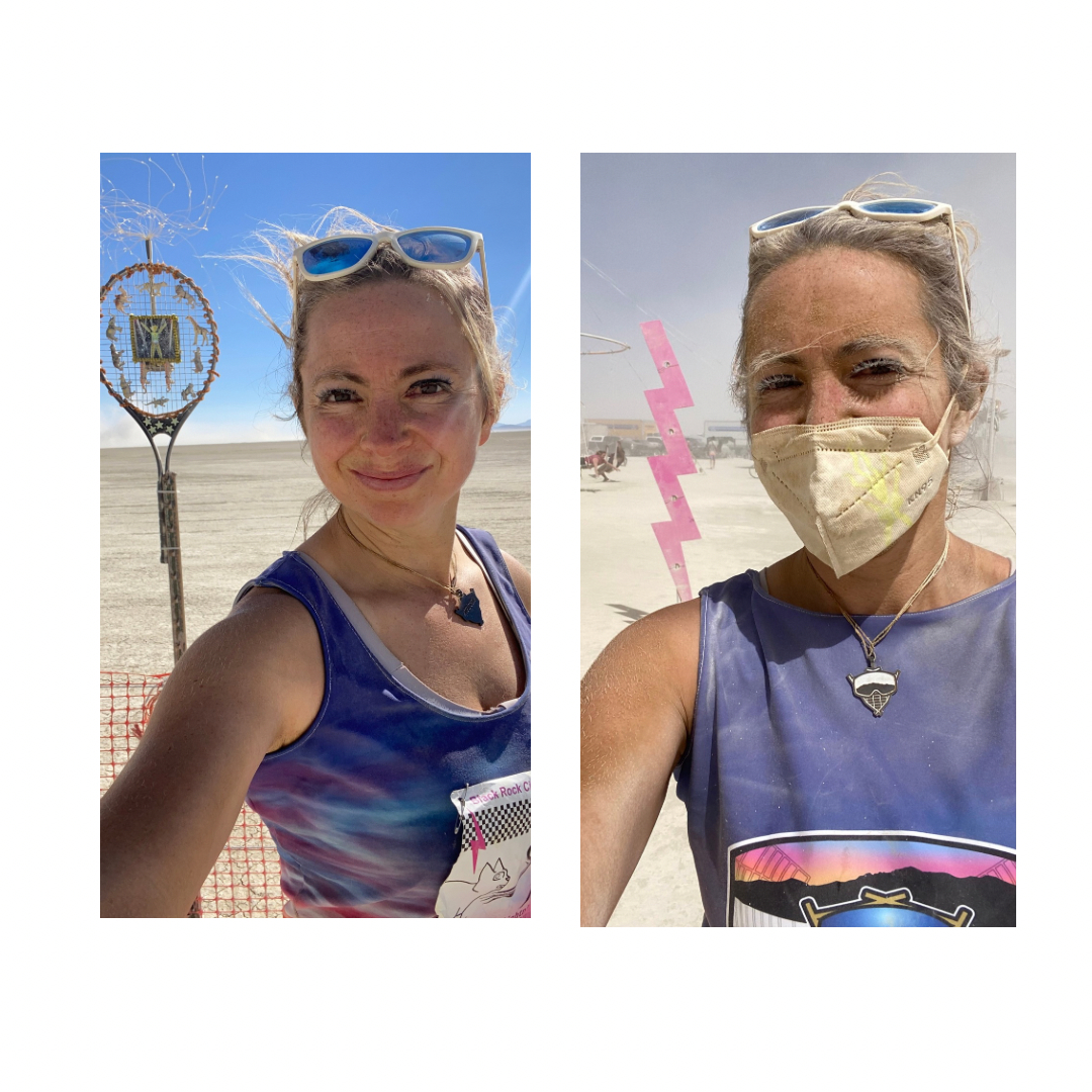Two side-by-side images of Elizabeth Swaney during the Ultramarathon at Burning Man. In the first, she is smiling with sunglasses on her head. In the second, she wears a mask and dusty sunglasses