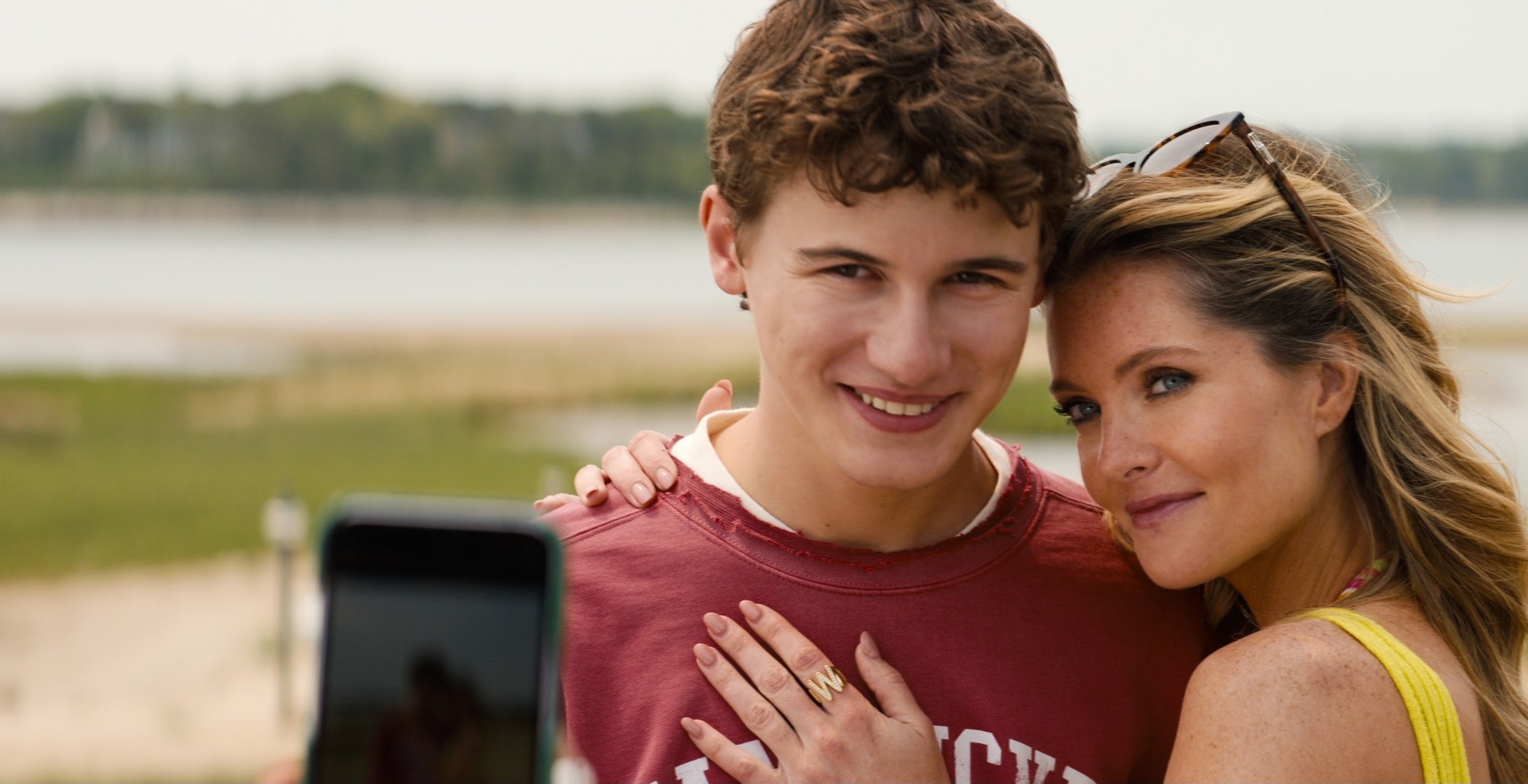Sam Nivola and Meghann Fahy taking a selfie in &quot;The Perfect Couple&quot;