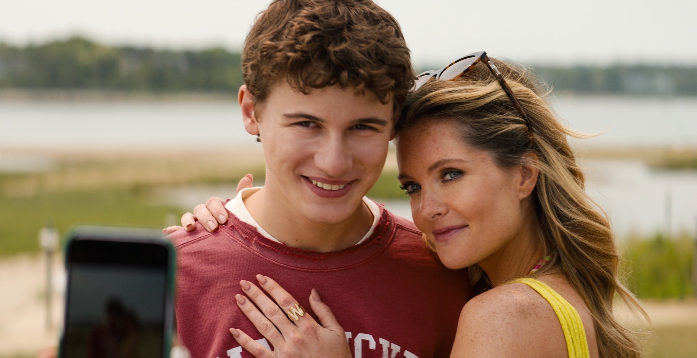 Sam Nivola and Meghann Fahy taking a selfie in "The Perfect Couple"