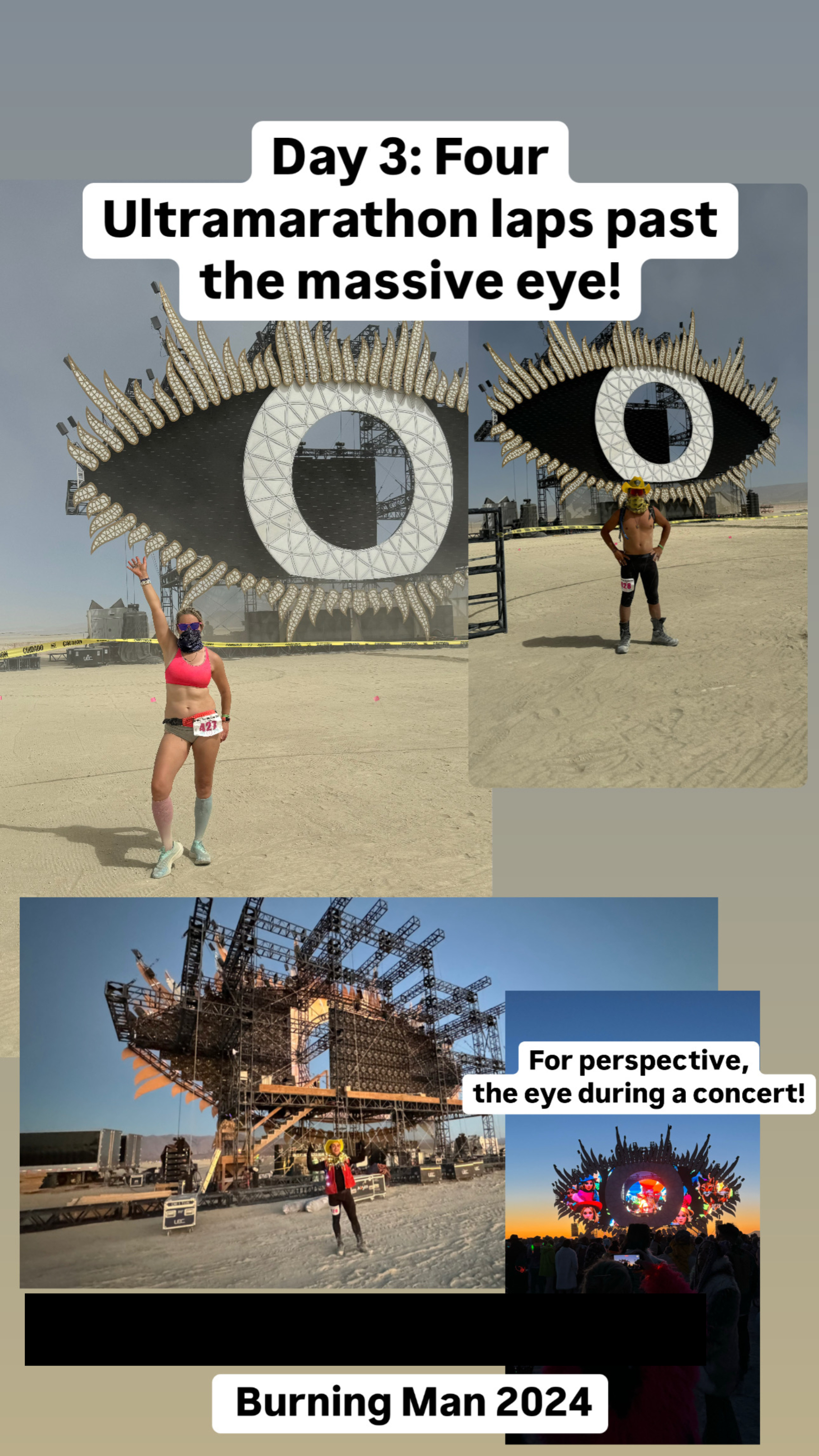 People posing near the giant eye art installation at Burning Man 2024 during day 3 ultramarathon. Large text reads, "Day 3: Four Ultramarathon laps past the massive eye!"