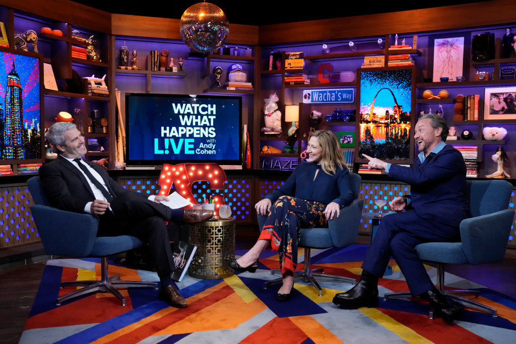 Andy Cohen, Kate Hudson, and Matthew Perry chat on the set of &quot;Watch What Happens Live with Andy Cohen&quot; surrounded by colorful decor