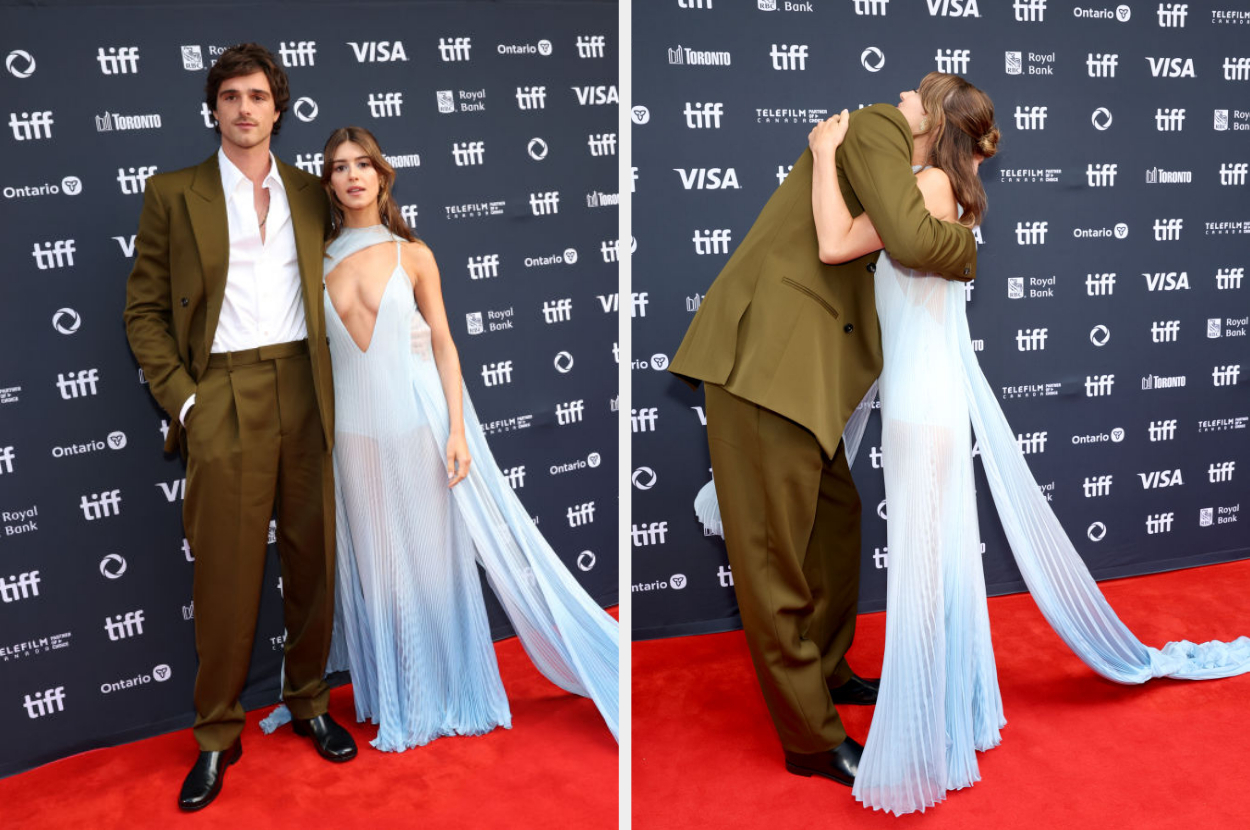 Jacob Elordi and Daisy Edgar-Jones attend an event on the red carpet; Jacob in a green suit, Daisy in a flowing light dress. They are seen hugging in one image
