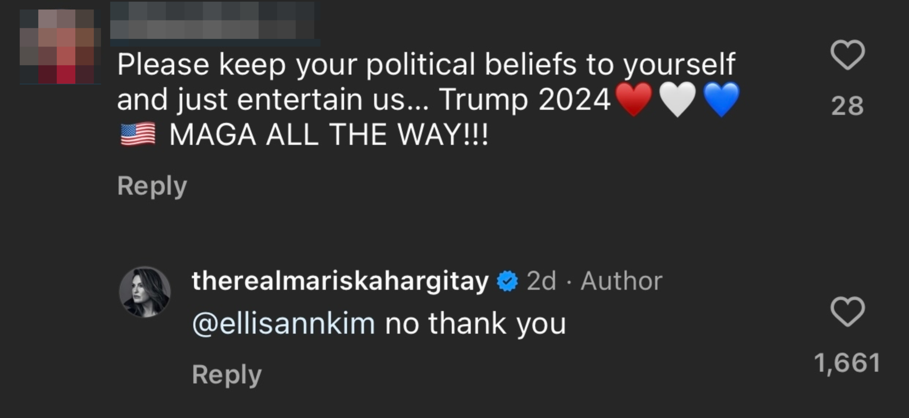 Instagram comment that reads, "Please keep your political beliefs to yourself and just entertain us… Trump 2024 MAGA ALL THE WAY" with Mariska Hargitay saying "no thank you"
