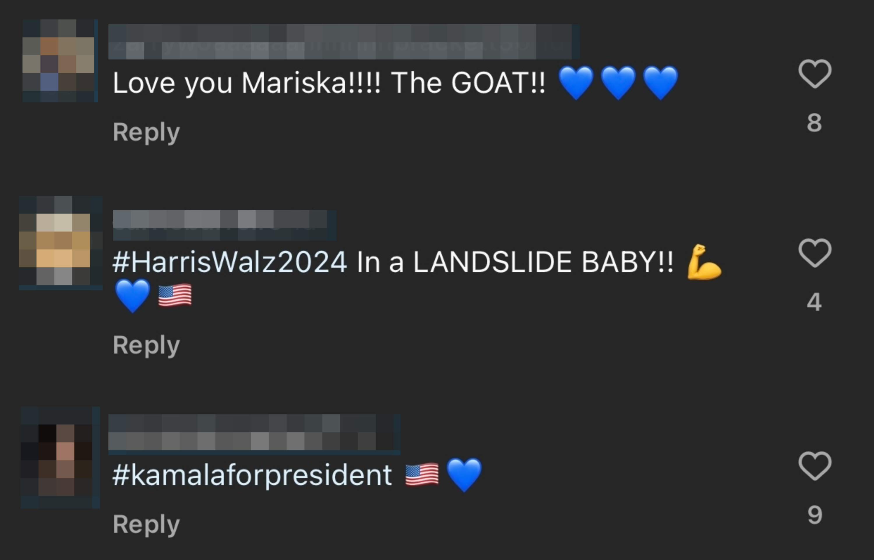 Fans sharing support for Kamala Harris underneath Mariska Hargitay's Instagram post