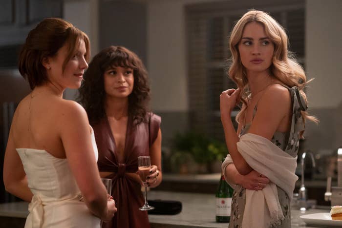 Catherine Missal, Sonia Mena, and Grace Van Patten having a conversation in "Tell Me Lies"