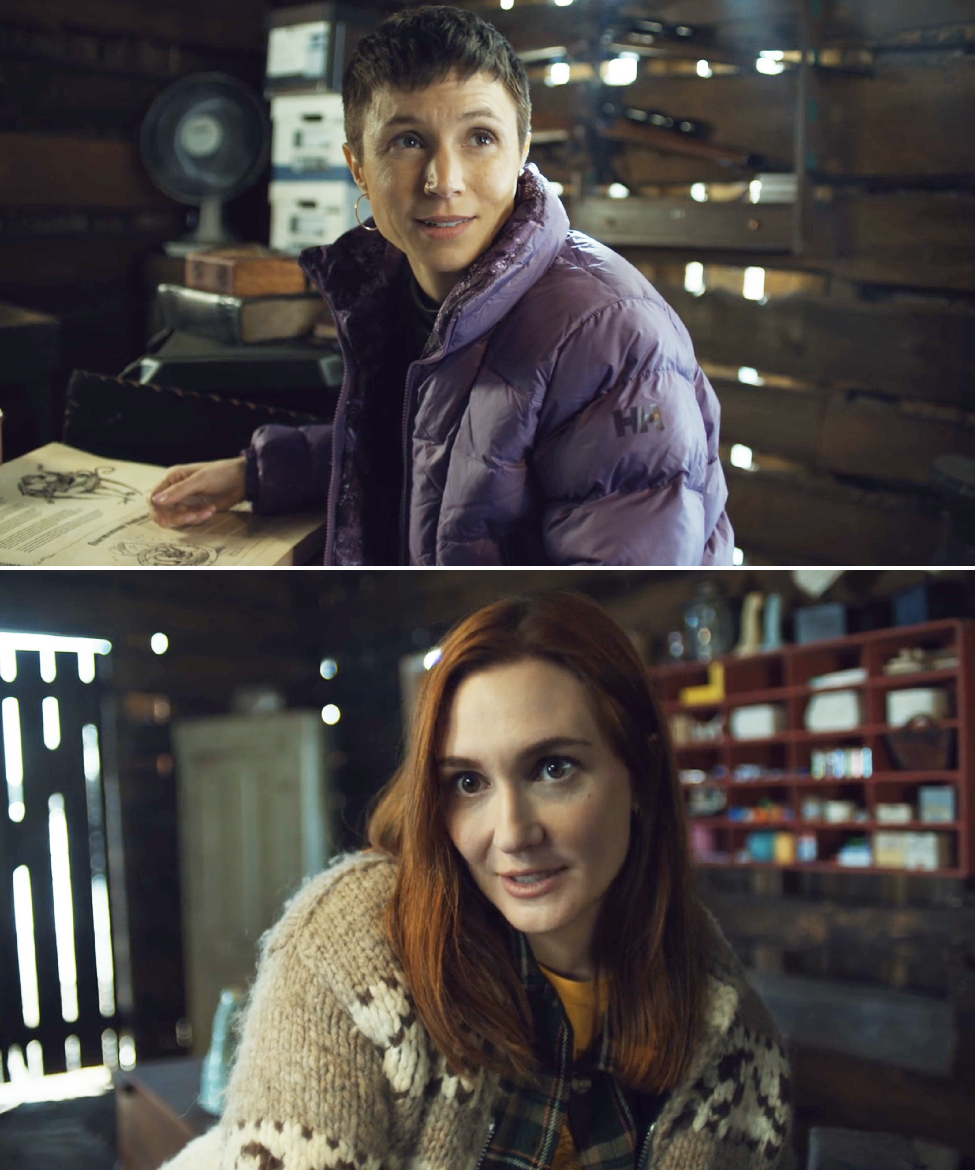 Dom Provost-Chalkley in a puffer jacket and Kat Barrell in a knit sweater, inside a rustic setting, appearing engaged in conversation