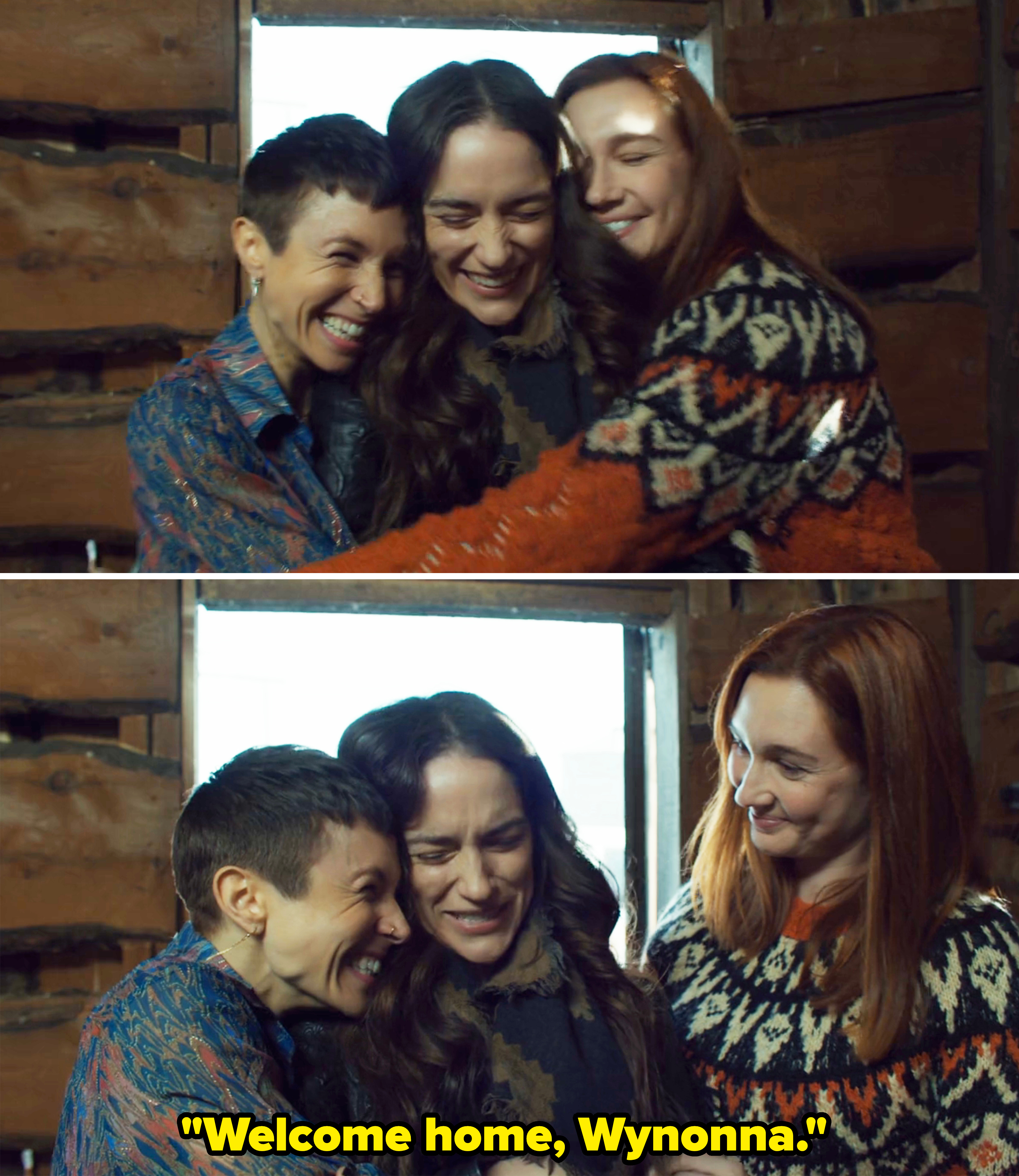 Top image: Dominique Provost-Chalkley, Melanie Scrofano, and Katherine Barrell share a group hug. Bottom image: Same trio laughing during the hug