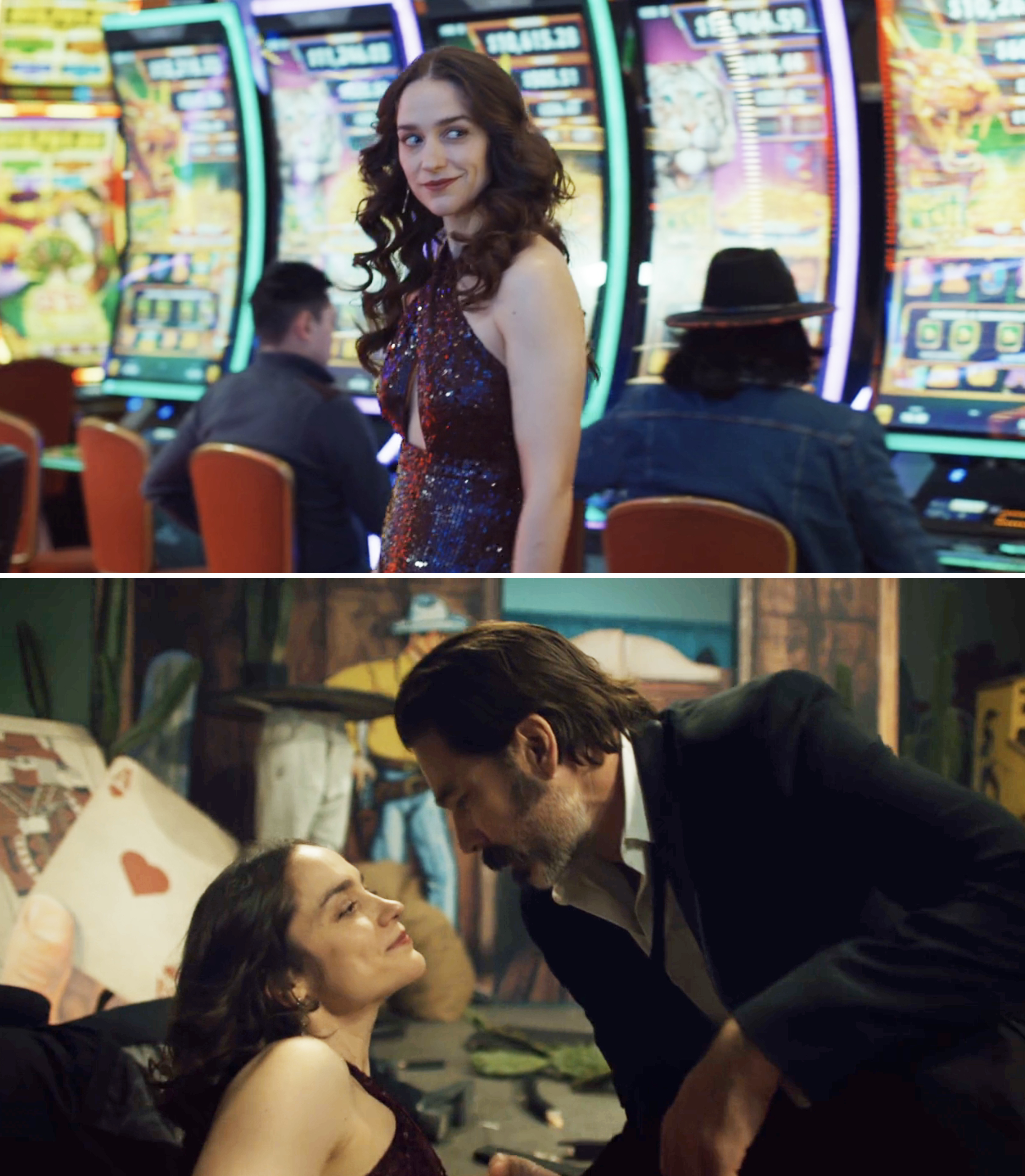 Melanie Scrofano in a sequin dress stands near arcade machines; later, she interacts closely with Tim Rozon in a similar setting