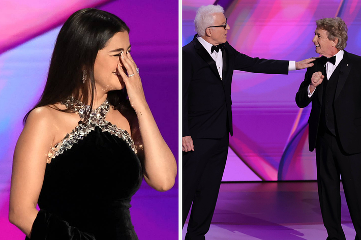 Selena Gomez in a black dress with sparkling accents, and Steve Martin with Martin Short in tuxedos on stage during an event