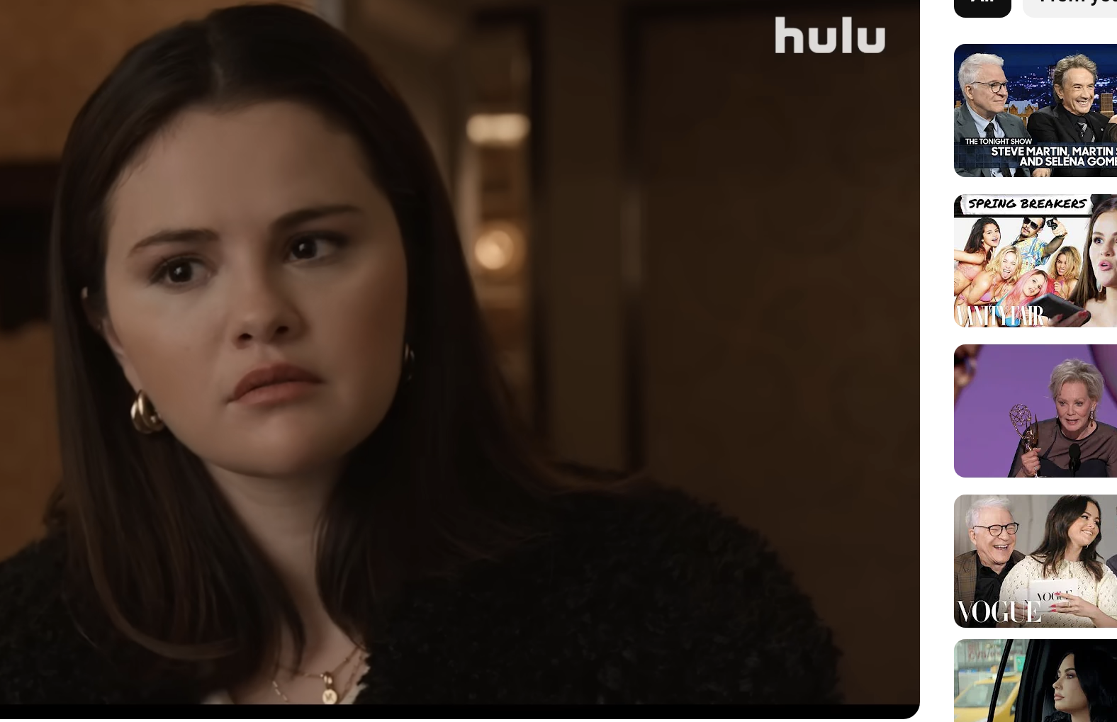 YouTube page screenshot featuring the &quot;Only Murders in the Building | Season 4 Trailer | Hulu&quot; video. The screen shows a close-up of a young woman