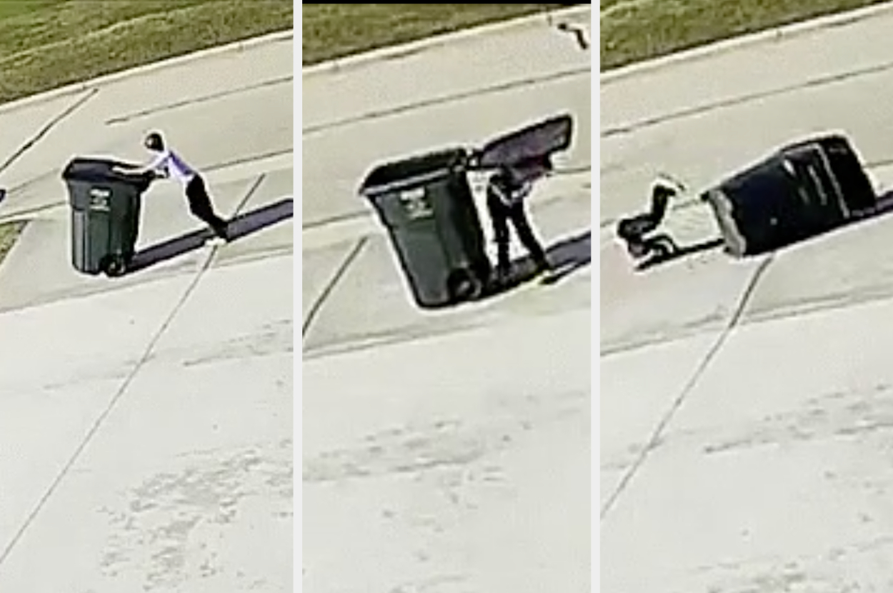 Three-panel image of an unidentified person struggling with a trash bin, eventually falling and tipping over
