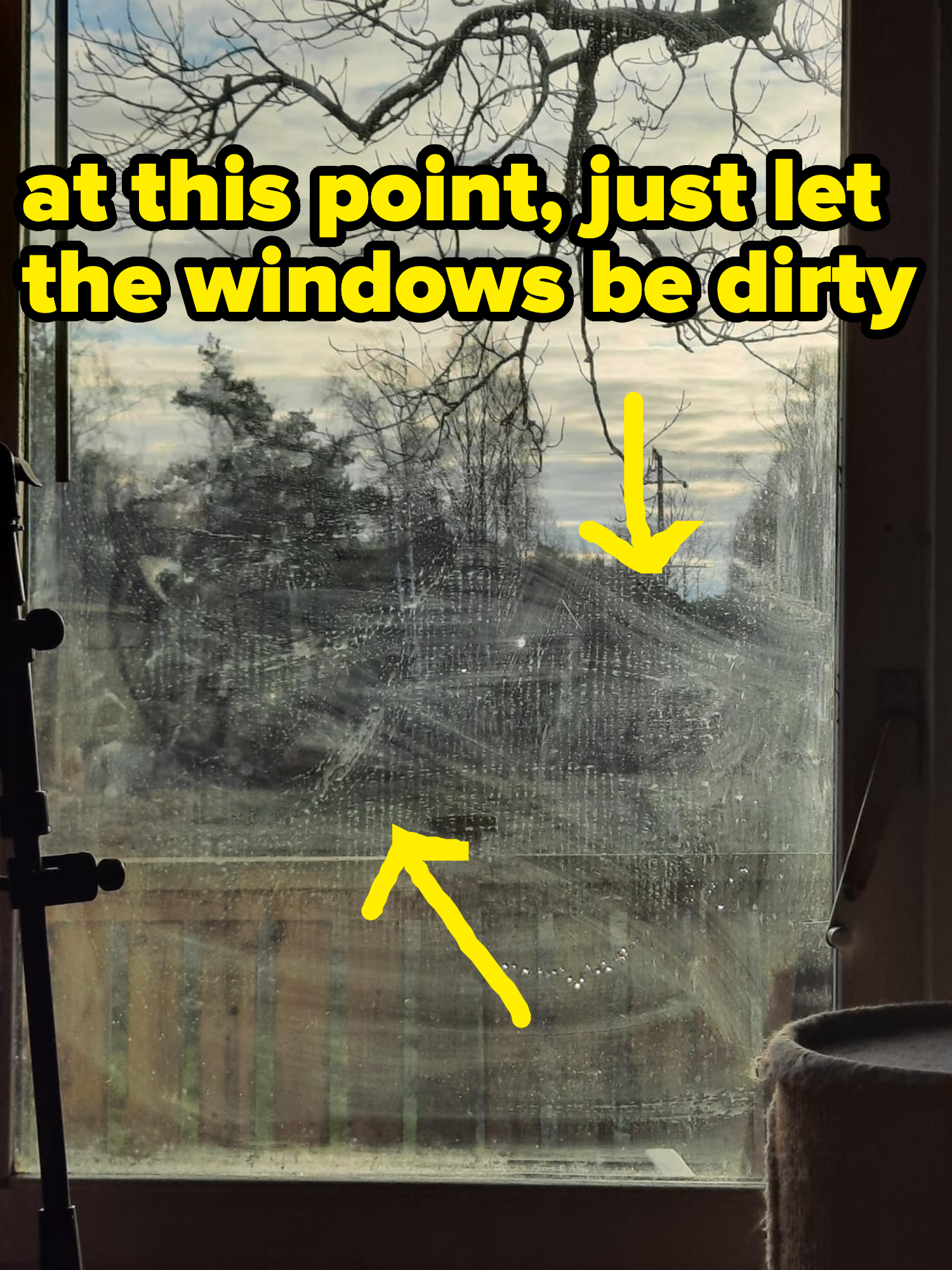 A window with streaks and water droplets on the glass overlooks an outdoor scene with trees and a cloudy sky