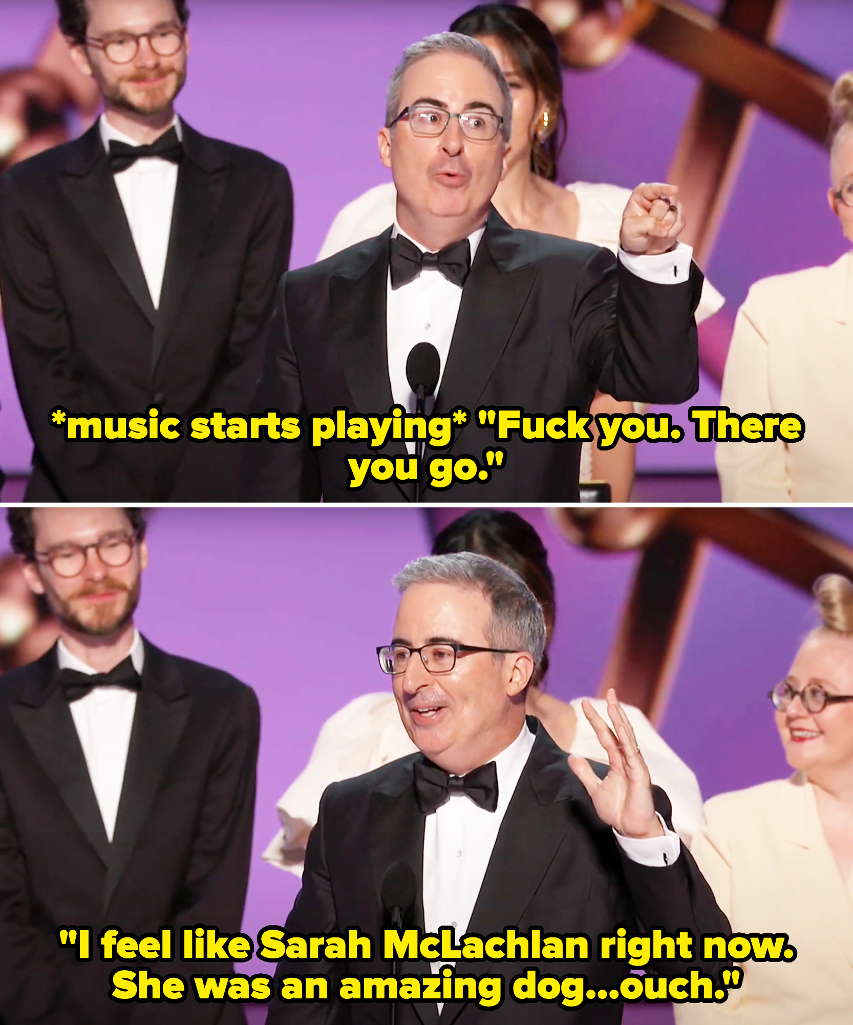 John Oliver, in a tuxedo, speaks at a podium with others in formal wear behind him at an award ceremony