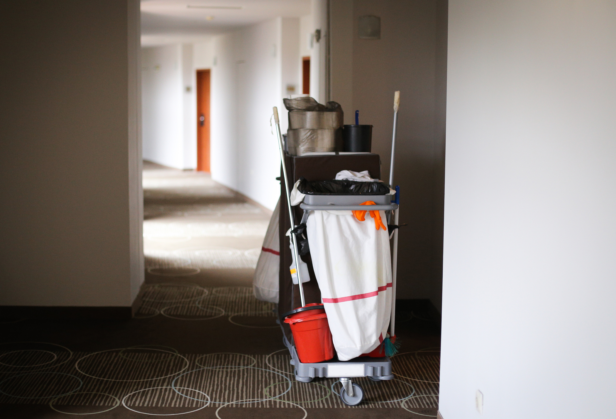Housekeeping cart with cleaning supplies in a hotel hallway