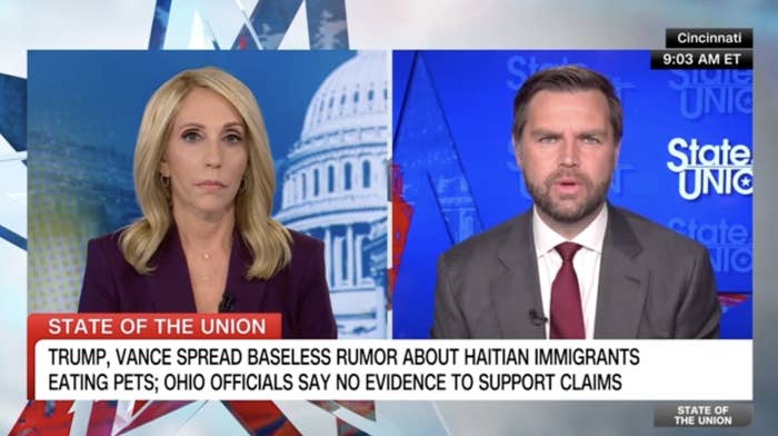 Dana Bash and J.D. Vance discuss a false rumor about Haitian immigrants on CNN's "State of the Union," with a headline countering the baseless claim