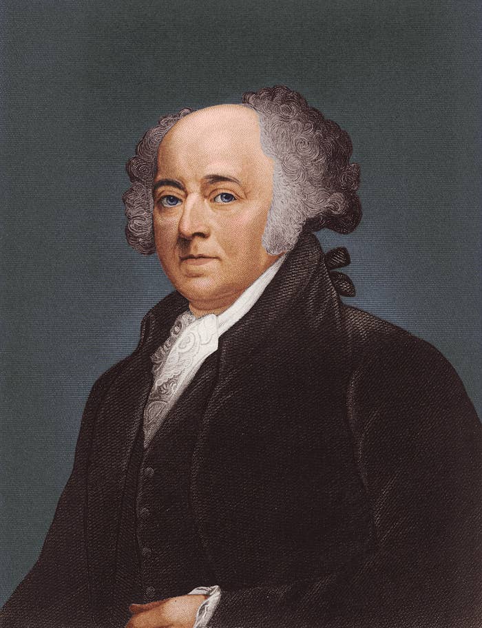 Portrait of John Adams, the second President of the United States, wearing 18th-century formal attire with a high-collared shirt and dark coat