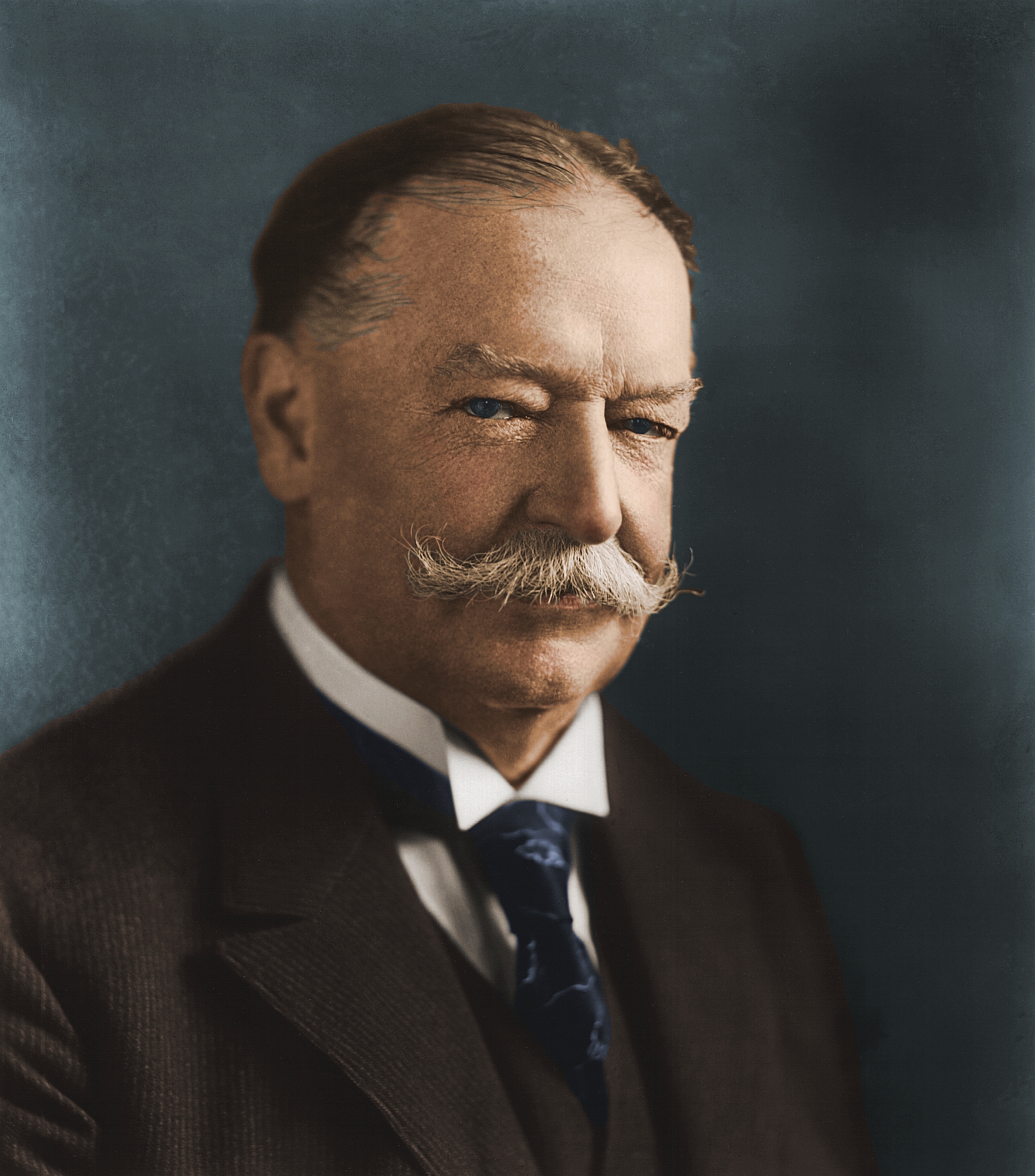 A historical portrait of William Howard Taft, the 27th President of the United States, wearing a formal suit and tie