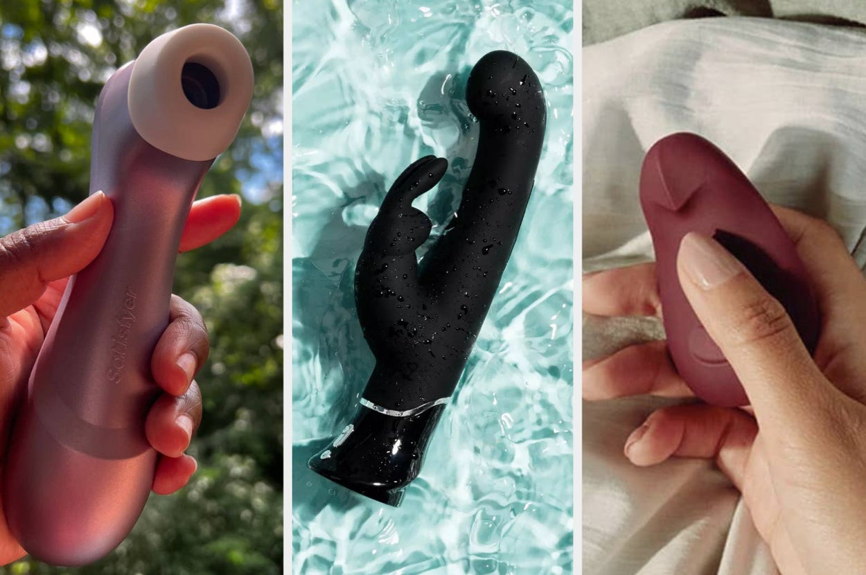 Close-up of three different vibrators being held. From left to right: a purple suction vibrator, a black rabbit vibrator in water, and a purple palm vibrator