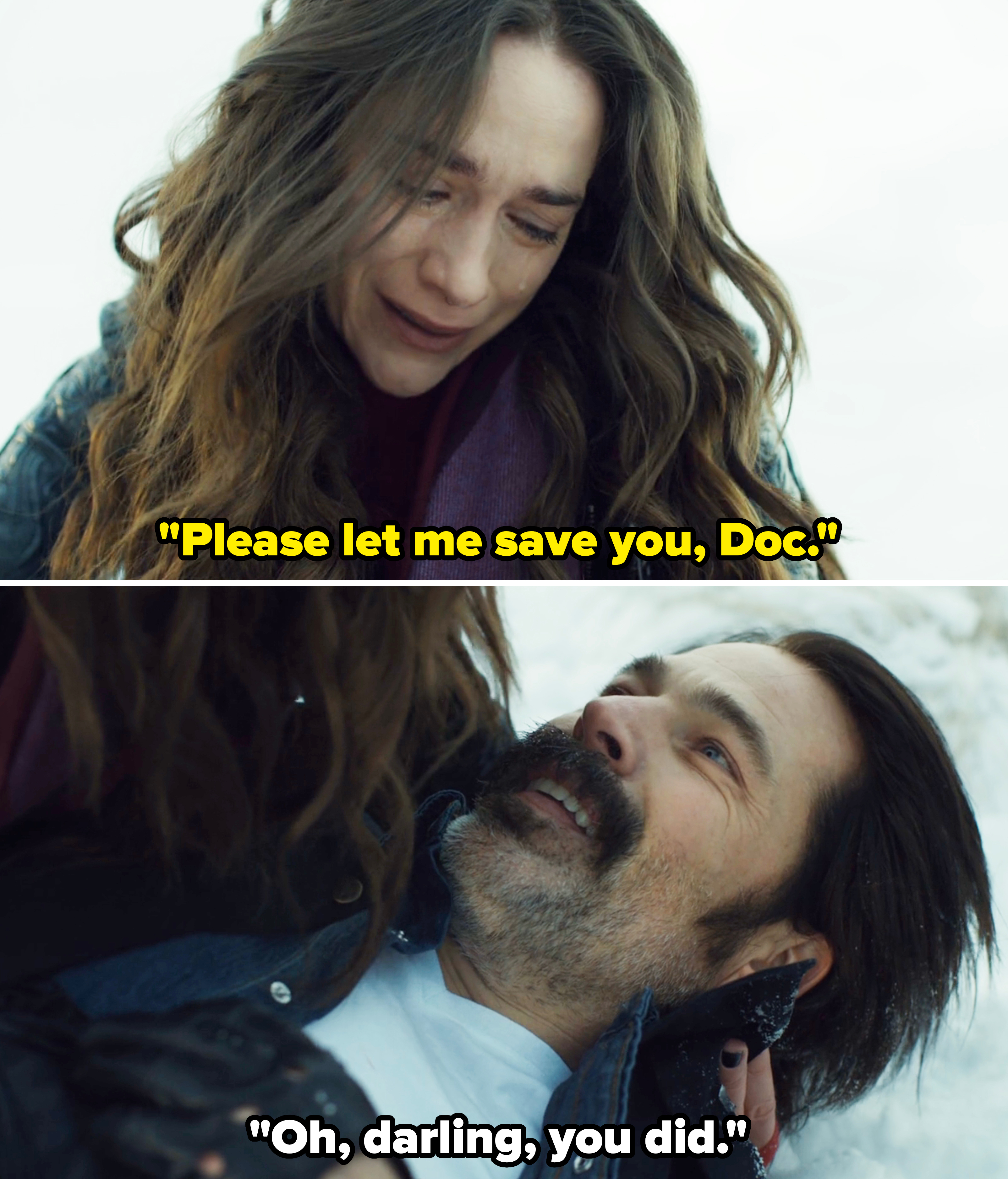 Melanie Scrofano and Tim Rozon in an emotional scene; Melanie looking down at Tim, who is lying on the ground