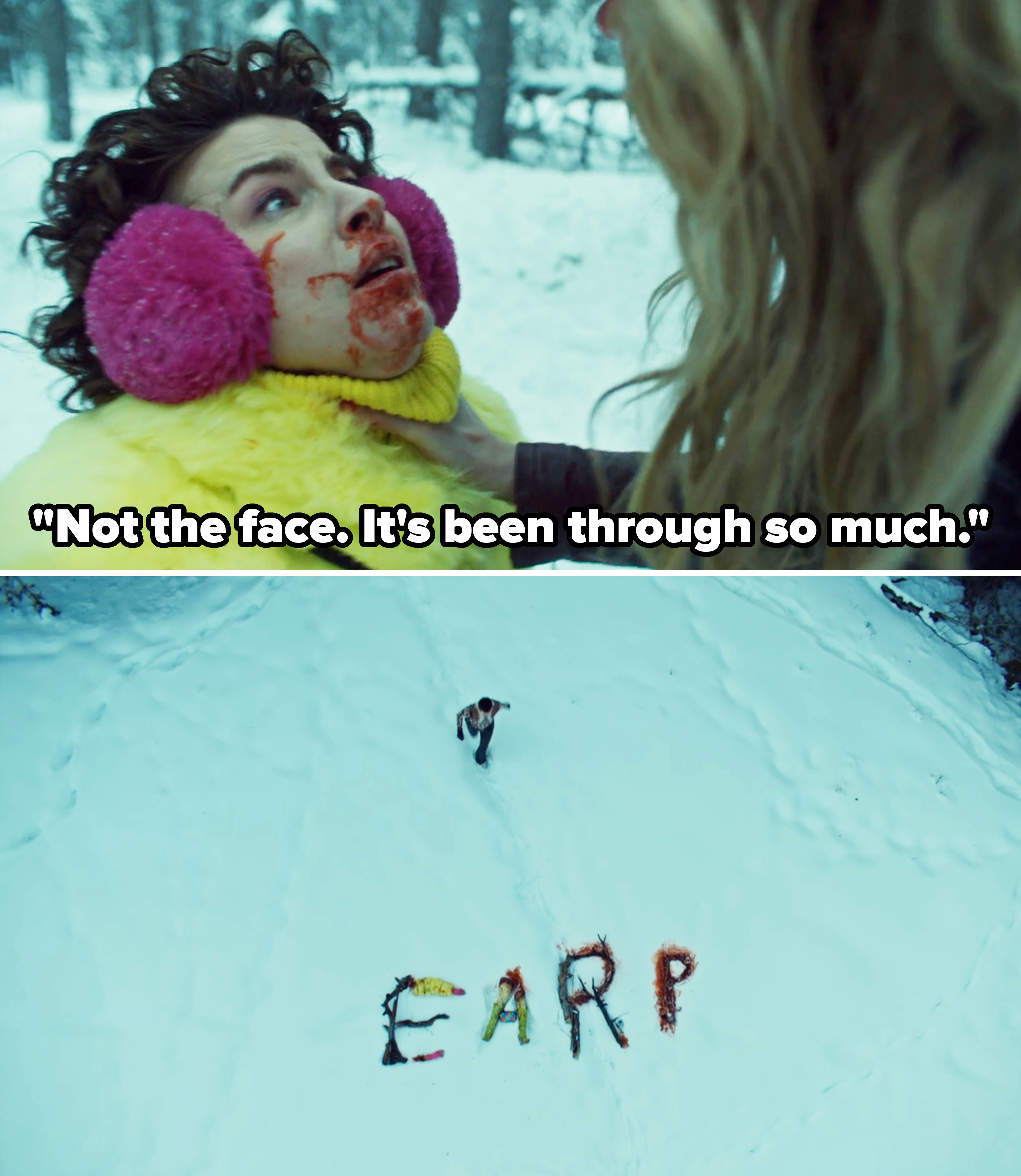 Top panel: Mercedes from &quot;Wynonna Earp&quot; in pink earmuffs and yellow scarf being choked in a snowy setting. Bottom panel: &quot;EARP&quot; spelled out in the snow with colorful objects