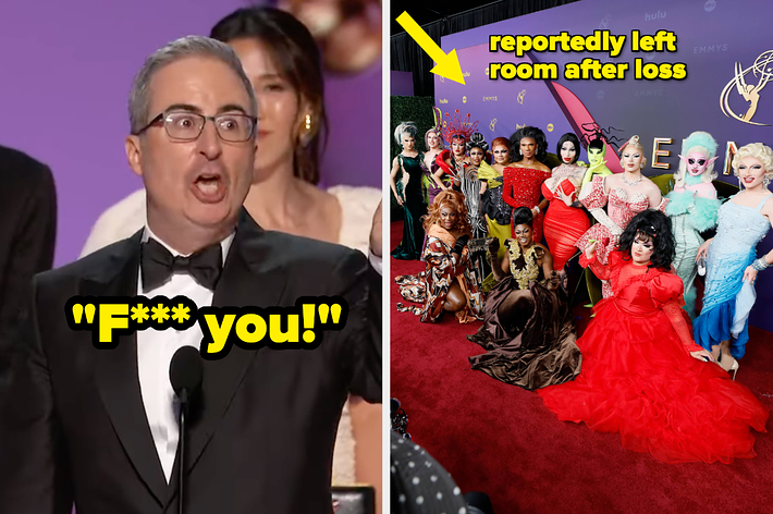 John Oliver gives a speech at the 2024 Emmys vs the cast of RuPaul's Drag Race pose on the carpet at the 2024 Emmys